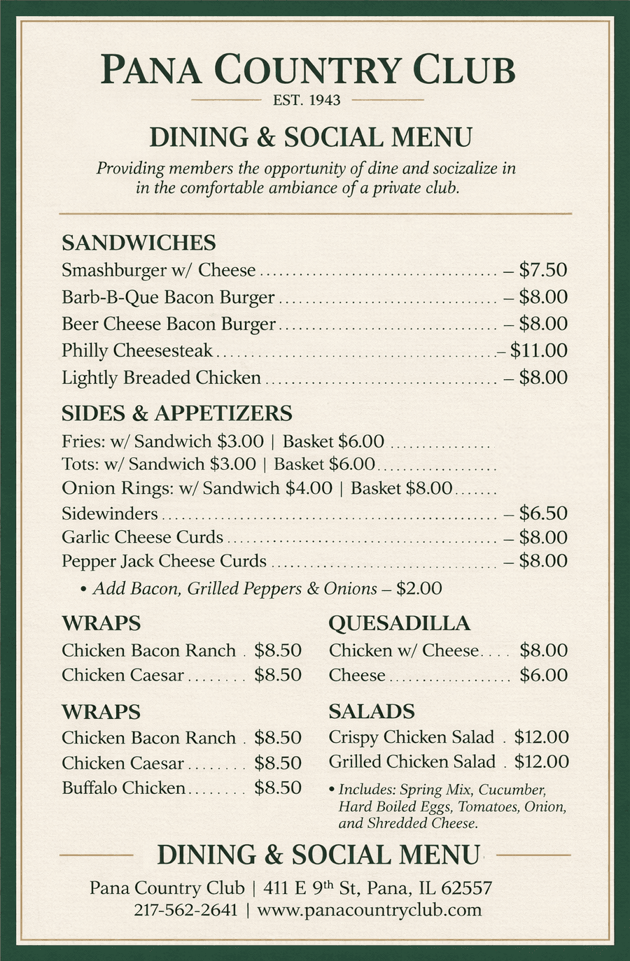 Pana Country Club Menu
